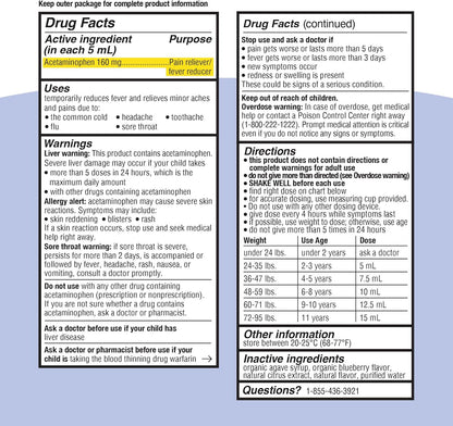 Genexa Children's Acetaminophen Pain and Fever Reducer | 160 mg per 5mL | Made with Delicious Organic Blueberry Flavor | 4 Fluid Ounces