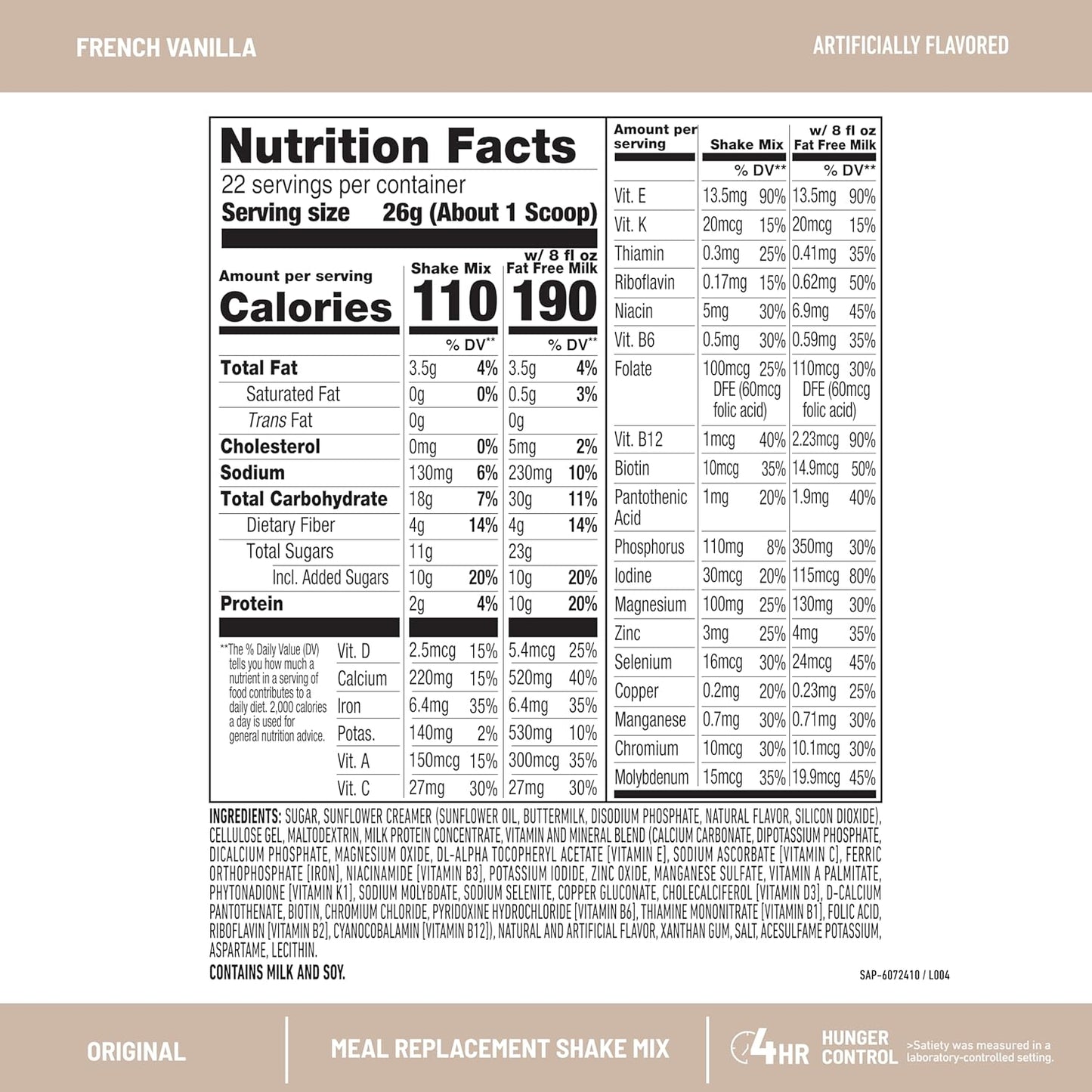 SlimFast Meal Replacement Powder, Original French Vanilla, 10g of Protein, 22 Servings, 20.2 oz