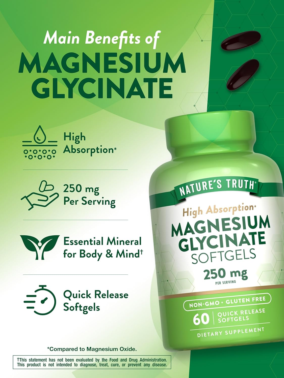 Nature's Truth Magnesium Glycinate Softgels | 250mg | 60 Quick Release Softgels