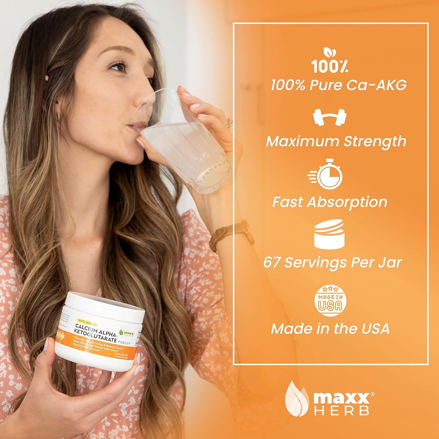 Maxx Herb Calcium AKG, Pure Calcium Alpha - Ketoglutarate Powder (Ca-AKG), for Energy, Vitality, Mental Focus, Clarity & DNA Structure, Non-GMO & Gluten Free - 100 Gram Jar (67 Servings)