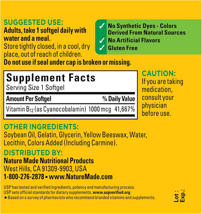 Nature Made Vitamin B12 1000 mcg, Dietary Supplement for Energy Metabolism Support, 150 Softgels, 150 Day Supply