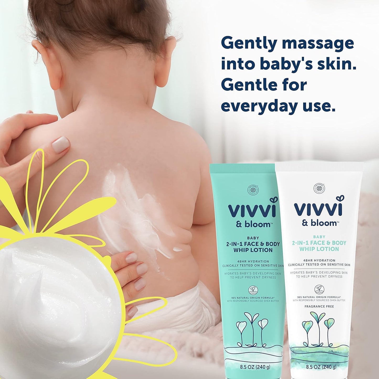 Vivvi & Bloom Gentle 2-in-1 Baby Lotion, Face and Body, for Delicate & Sensitive Baby Skin, Hypoallergenic Lotion Natural Scent, 8.5 oz (Pack of 1)
