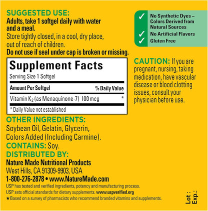 Nature Made Vitamin K2 100 mcg, Healthy Bone Supplements, 30 Softgels, 30 Day Supply