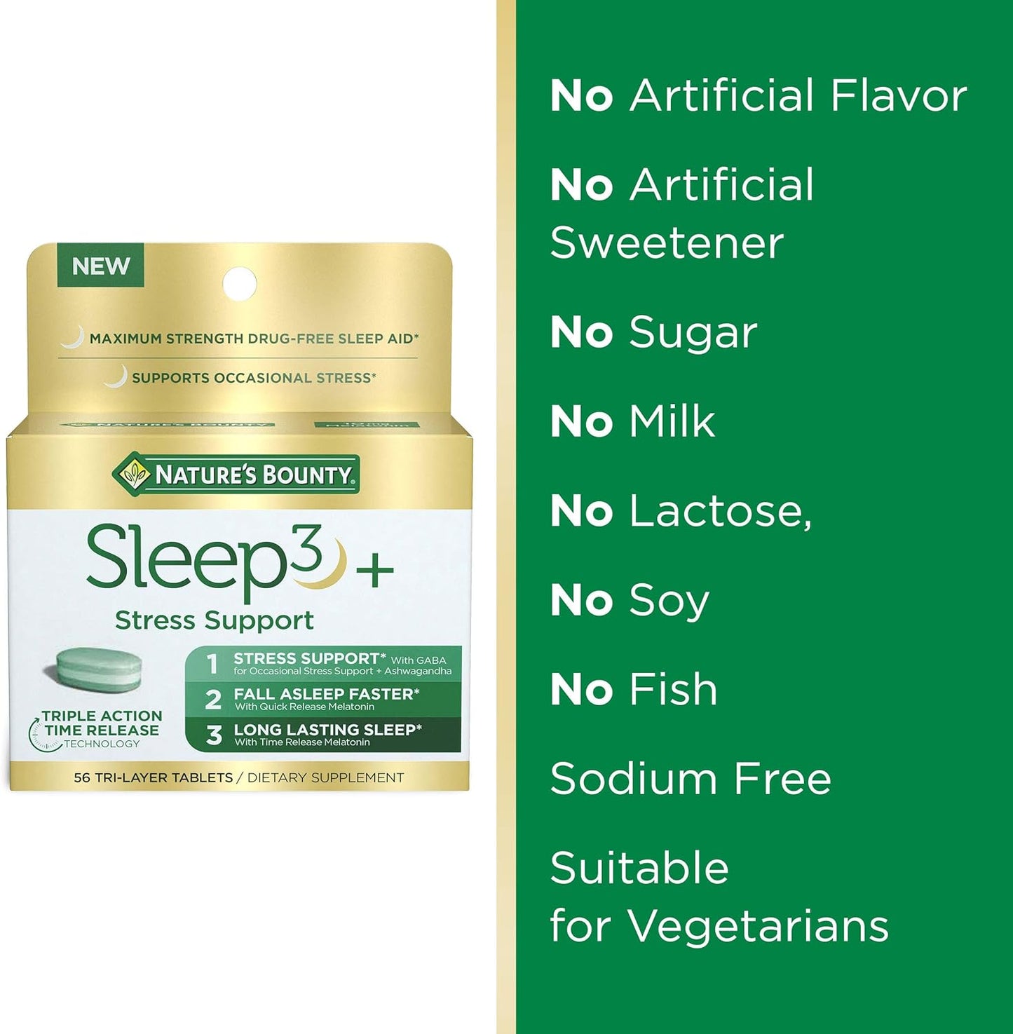 Nature's Bounty Stress Support Melatonin by Sleep3, 10mg, Tri-Layered Tablets, 56 Count