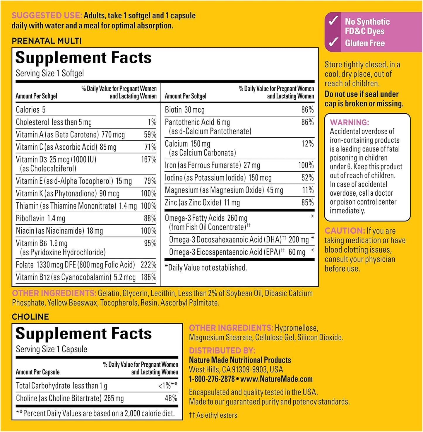 Nature Made Prenatal Vitamin + Choline Capsules, Folic Acid + DHA + Choline, 60 Softgels