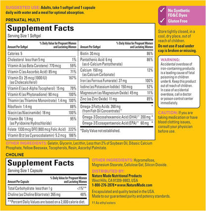 Nature Made Prenatal Vitamin + Choline Capsules, Folic Acid + DHA + Choline, 60 Softgels