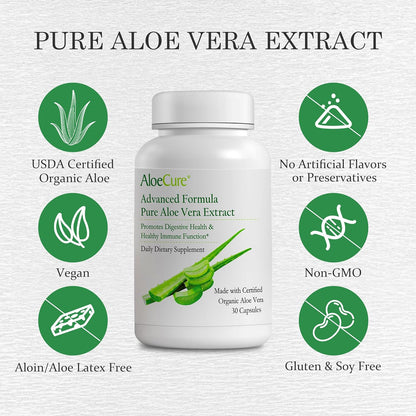 AloeCure Organic Aloe Vera Capsules, 130,000mg Equivalent per Capsule, 60 Capsules - Natural Stomach Acid Buffer - Vegan Digestive & Immune Supplement - Grown on Our Own Organic Farms - Aloin Free