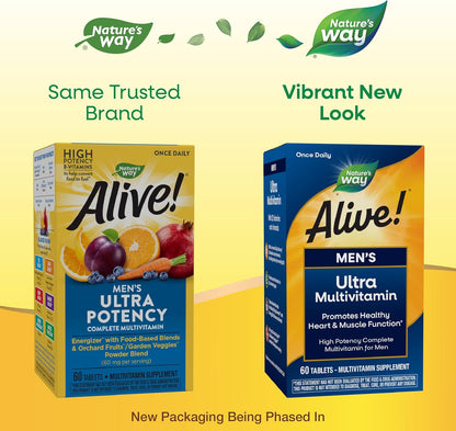 Nature’s Way Alive! Men’s Ultra Potency Complete Multivitamin, High Potency B-Vitamins, Energy Metabolism*, Food-Based Blends, 60 Tablets