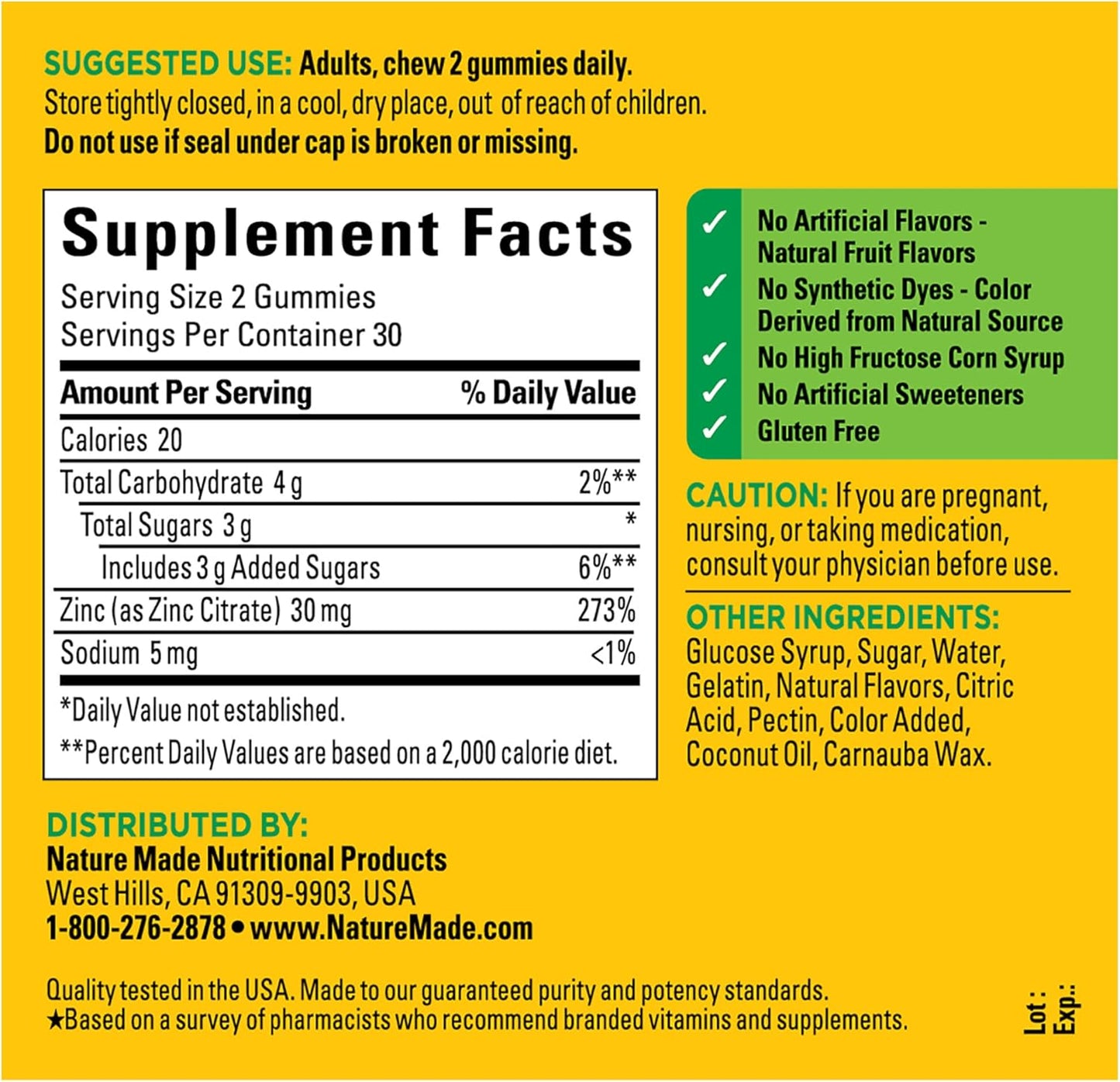 Nature Made Extra Strength Zinc Supplements 30 mg, 60 Zinc Gummies, 30 Day Supply