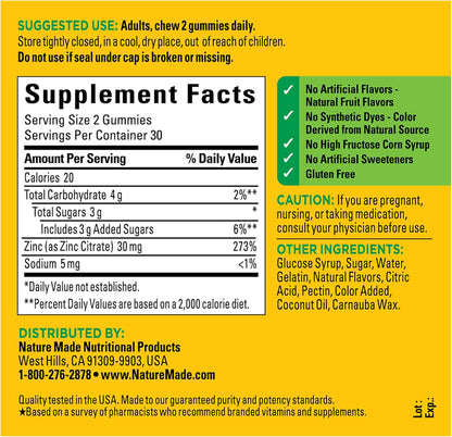 Nature Made Extra Strength Zinc Supplements 30 mg, 60 Zinc Gummies, 30 Day Supply