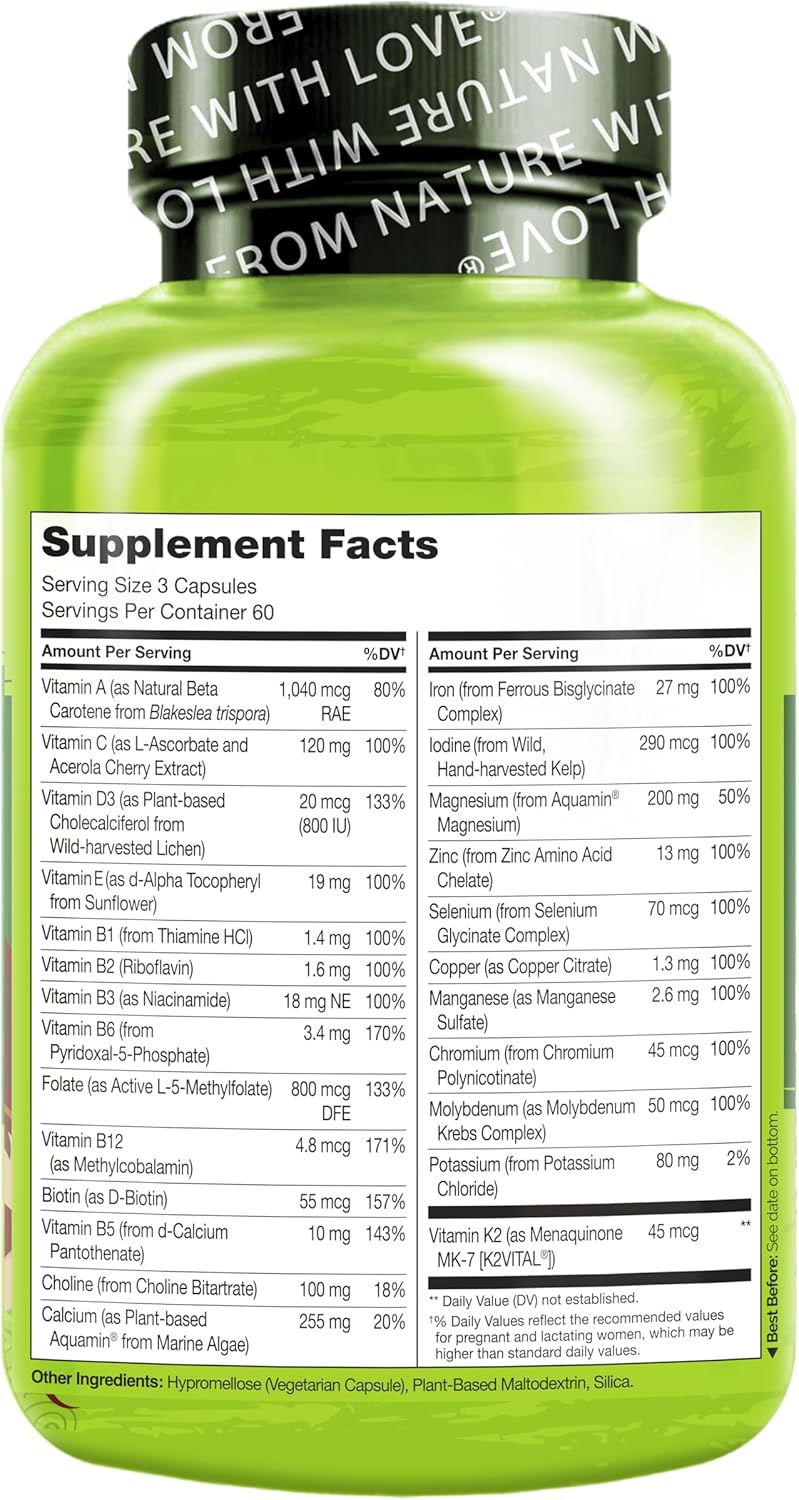 NATURELO Prenatal Multivitamin with Gentle Chelated Iron, Methyl Folate, Plant Calcium & Choline - Vegan, Vegetarian - Non-GMO - Gluten Free - 180 caps