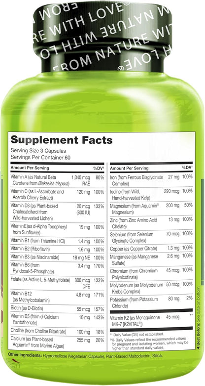 NATURELO Prenatal Multivitamin with Gentle Chelated Iron, Methyl Folate, Plant Calcium & Choline - Vegan, Vegetarian - Non-GMO - Gluten Free - 180 caps