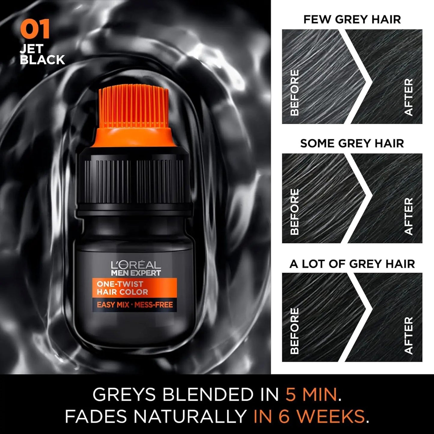 L'Oreal Paris: Men Expert One Twist Mess Free Permanent Hair Color, Mens Hair Dye to Cover Grays, Easy No Mix Ammonia Free Application, Jet Black 01, 1 Application Kit Vitamins Depots