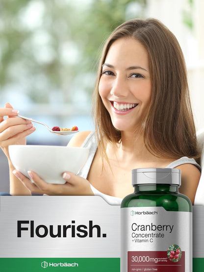 Horbäach Cranberry Concentrate Extract + Vitamin C | 15,000mg | 250 Capsules | Triple Strength Ultimate Potency Formula | Non-GMO and Gluten Free Cranberry Pills Supplement