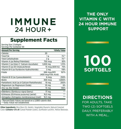 Nature's Bounty Vitamin C 24 Hour Immune Support with Zinc and Vitamin D, Daily Immune and Upper Respiratory Support, Ester Vitamin C 1000mg Capsules (Softgels), 100 Count
