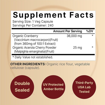 NatureBell Cranberry Pills 36,000mg with Acerola, 240 Veggie Capsules | 100:1 Fresh Cranberries Extract – Made with Organic Ingredients – Supports Urinary Tract Health – Sugar Free