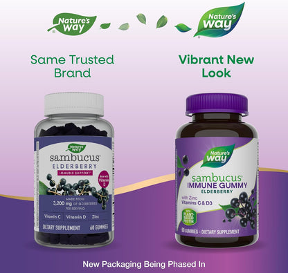 Nature's Way Elderberry Gummies Vitamin C, Vitamin D & Zinc, Immune Support for Kids & Adults 60 Gummies