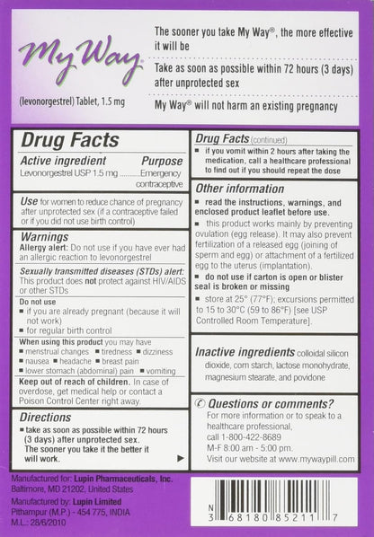 Gavis Pharmaceuticals My Way Emergency Contraceptive 1 Tablet