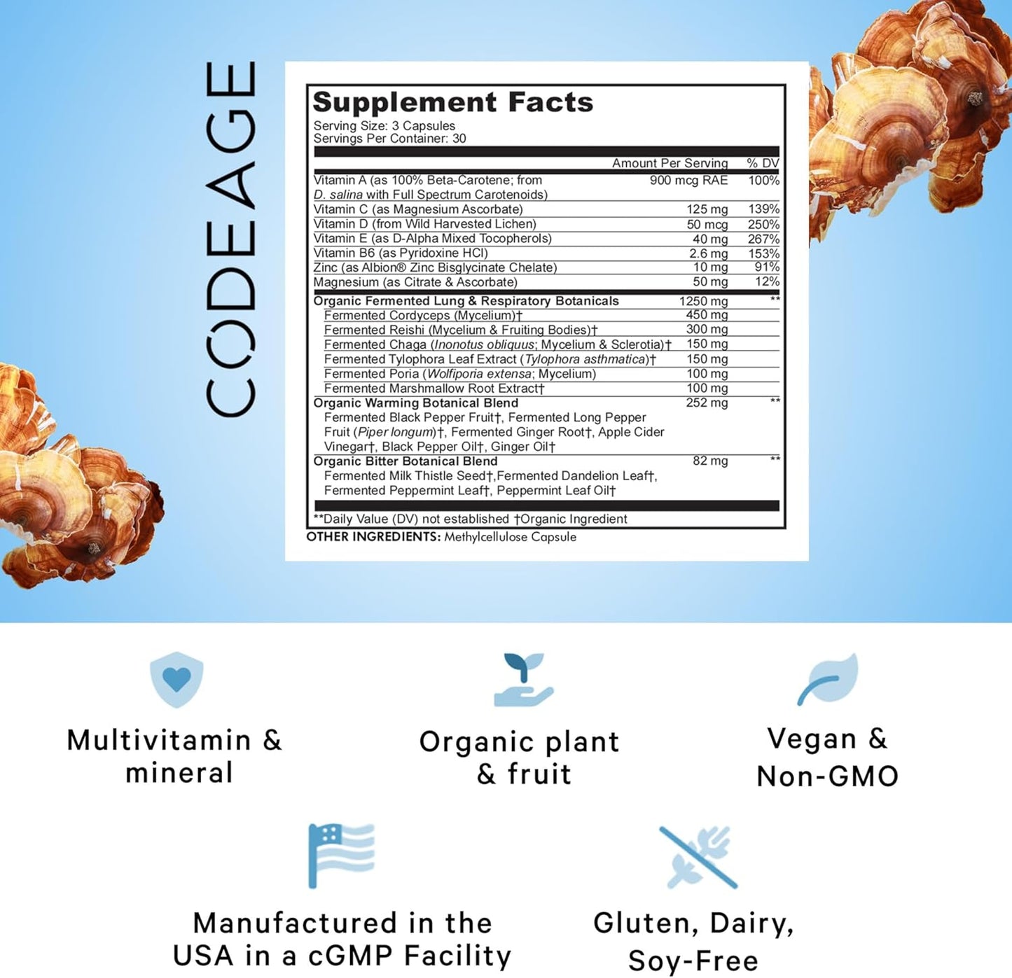 Lungs Vitamins, A, C, D, E, B6, Milk Thistle Lung Supplement, Zinc & Magnesium, Cordyceps, Reishi, Ginger, Peppermint Leaf Organic Herbs Cleanse, Breathing, Respiration - Non-GMO - 90 Capsules