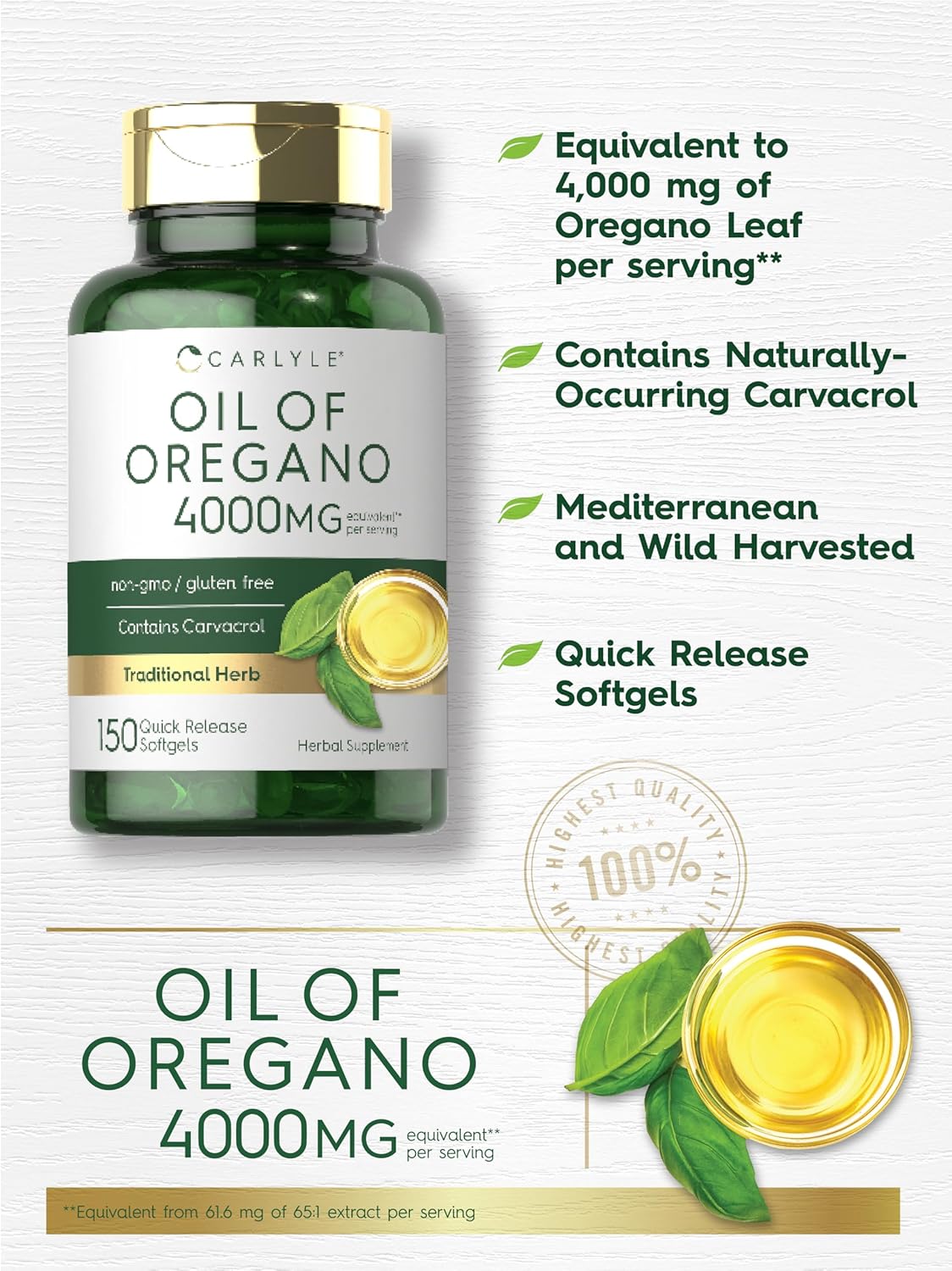 Carlyle Oregano Oil 4000mg Supplement | 150 Softgel Capsules