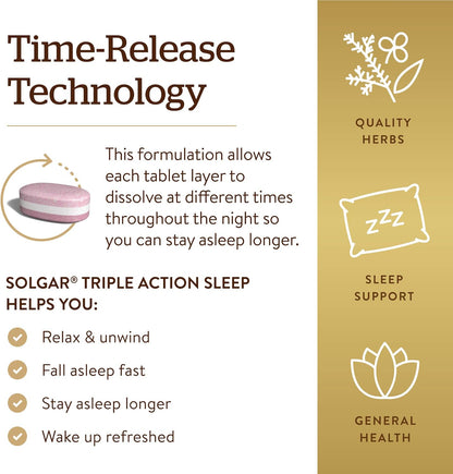 Solgar Triple Action Sleep, 90 Tri-Layer Tablets - Time-Release Melatonin & L-Theanine Plus Herbal Blend - Helps You Relax - Non-GMO, Gluten Free - 90 Servings