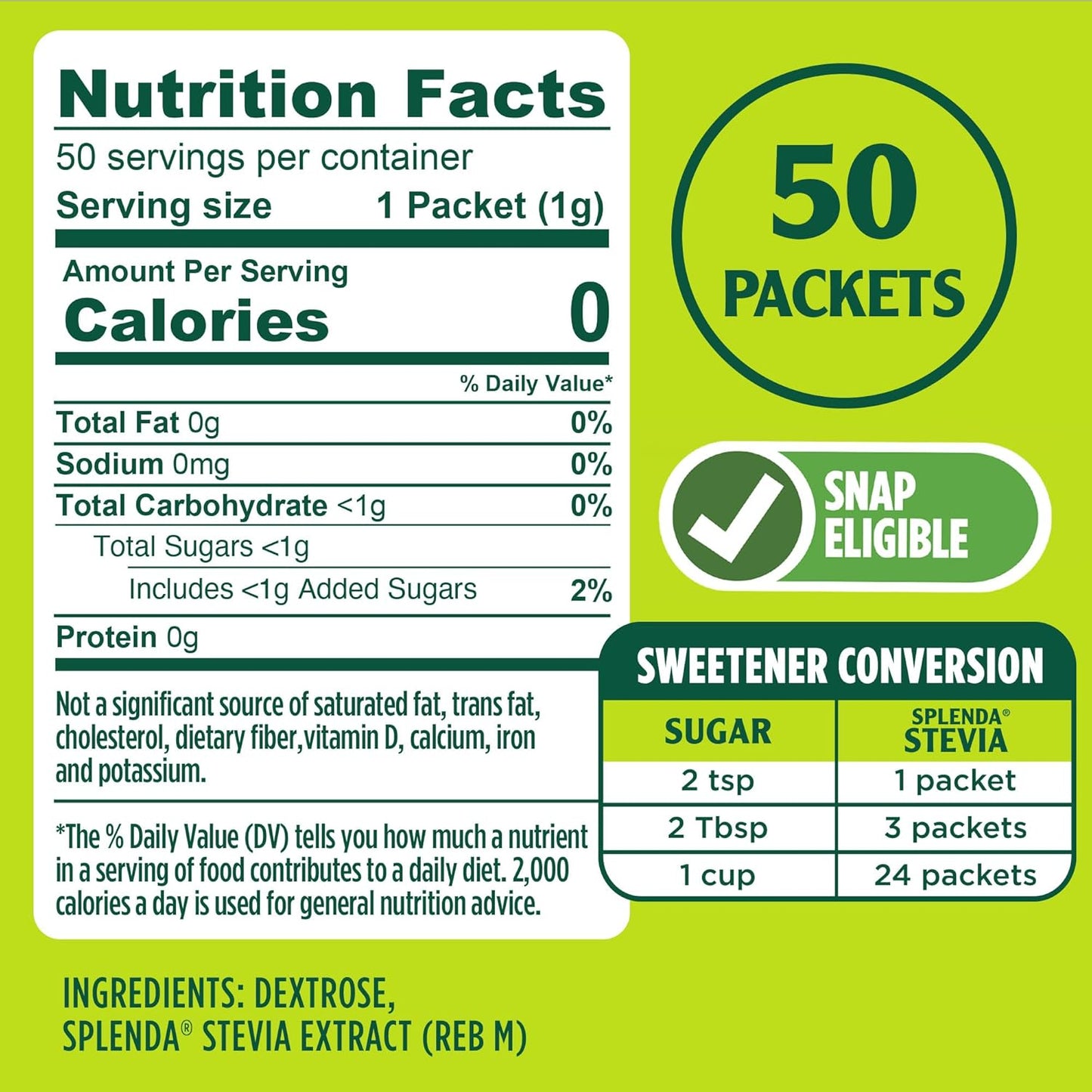 SPLENDA Stevia Zero Calorie Sweetener, Sugar Substitute Packets, 50 Count (Pack of 1)