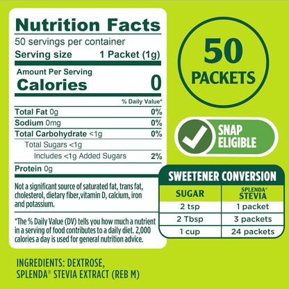 SPLENDA Stevia Zero Calorie Sweetener, Sugar Substitute Packets, 50 Count (Pack of 1)