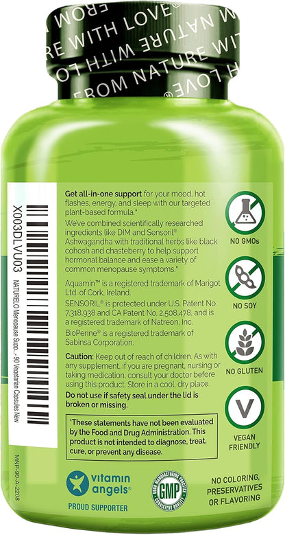 NATURELO Menopause Support, Advanced Multi-Symptom Formula w/Soothing Herbal Blend - 90 Vegetarian Capsules