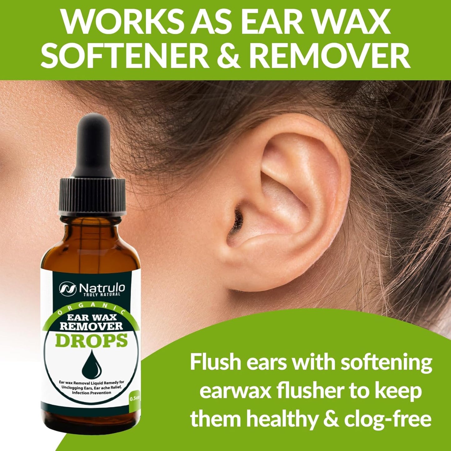 Natrulo Organic Ear Wax Remover Drops for Clogged Ears Natural Ear Wax Cleaner Oil for Kid, Adult, Baby Earwax Removal Liquid Remedy for Unclogging Ears.