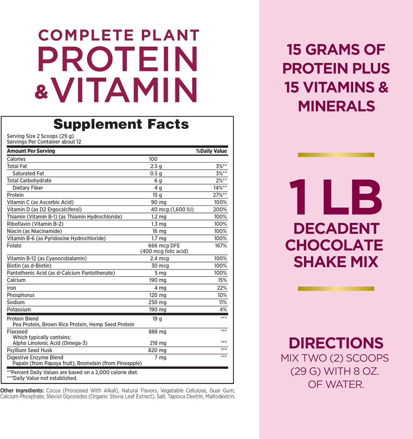 Nature's Bounty Complete Plant Protein & Vitamin Shake Mix by Nature's Bounty Optimal Solutions, with Fiber and Probiotics, Plant Based, Decadent Chocolate, 13 Oz