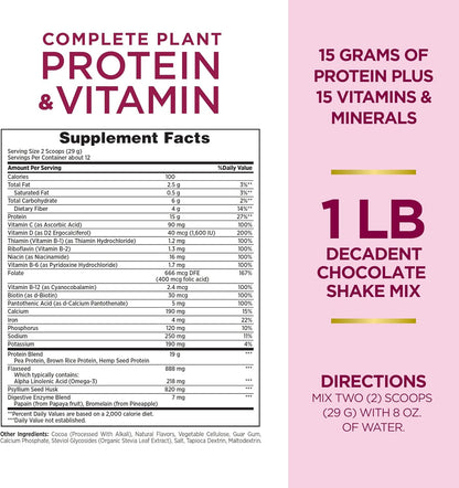 Nature's Bounty Complete Plant Protein & Vitamin Shake Mix by Nature's Bounty Optimal Solutions, with Fiber and Probiotics, Plant Based, Decadent Chocolate, 13 Oz