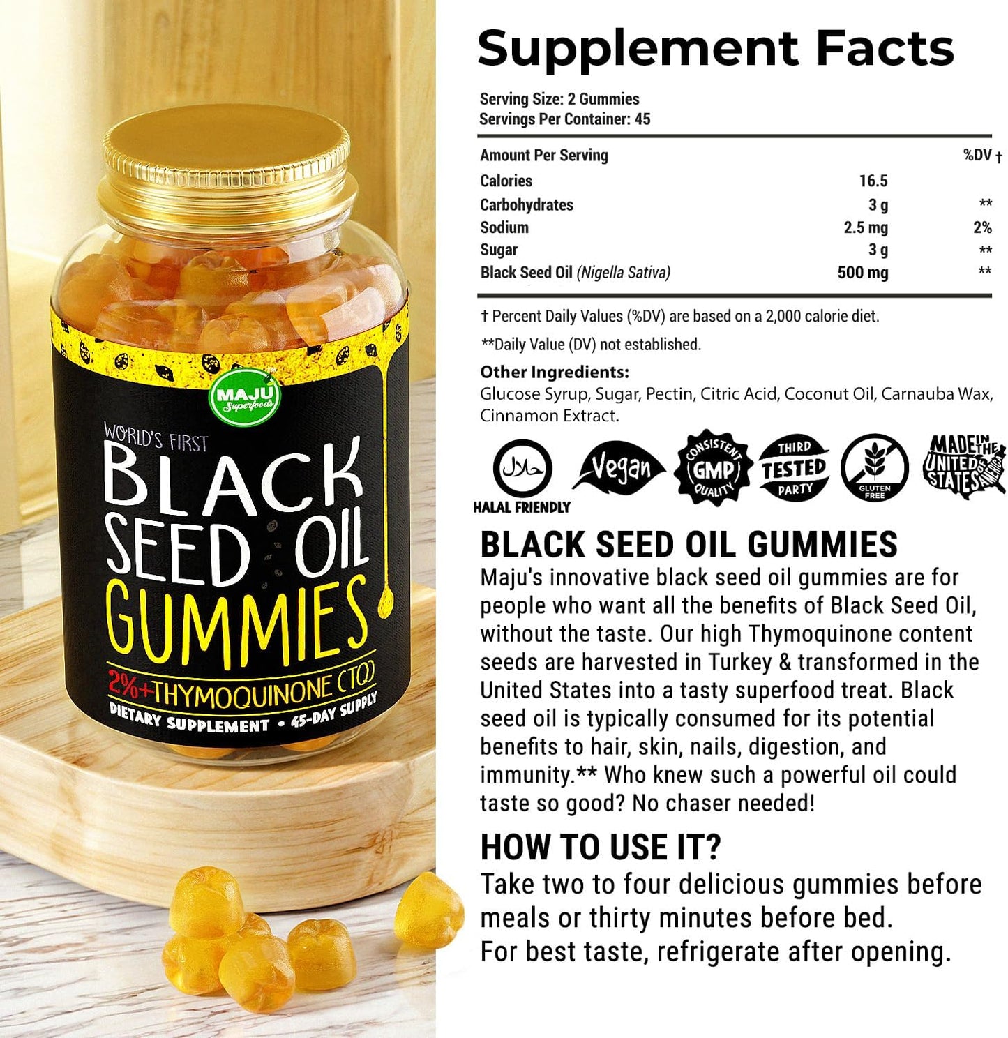 MAJU's Black Seed Oil Gummies, World's 1st, 2.5X Per BSO Gummy, Cumin Nigella Sativa Oil, Cold-Pressed, Potent Formula with Cinnamon Extract, Tasty, 500mg 90 ct