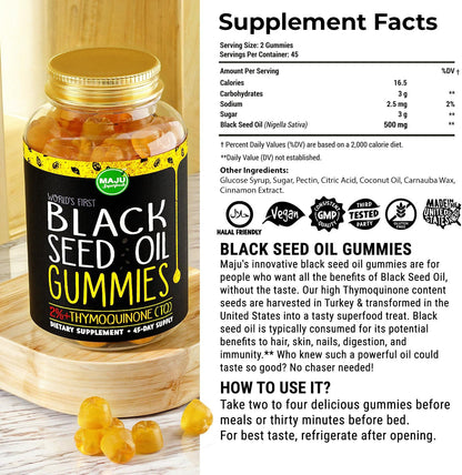 MAJU's Black Seed Oil Gummies, World's 1st, 2.5X Per BSO Gummy, Cumin Nigella Sativa Oil, Cold-Pressed, Potent Formula with Cinnamon Extract, Tasty, 500mg 90 ct