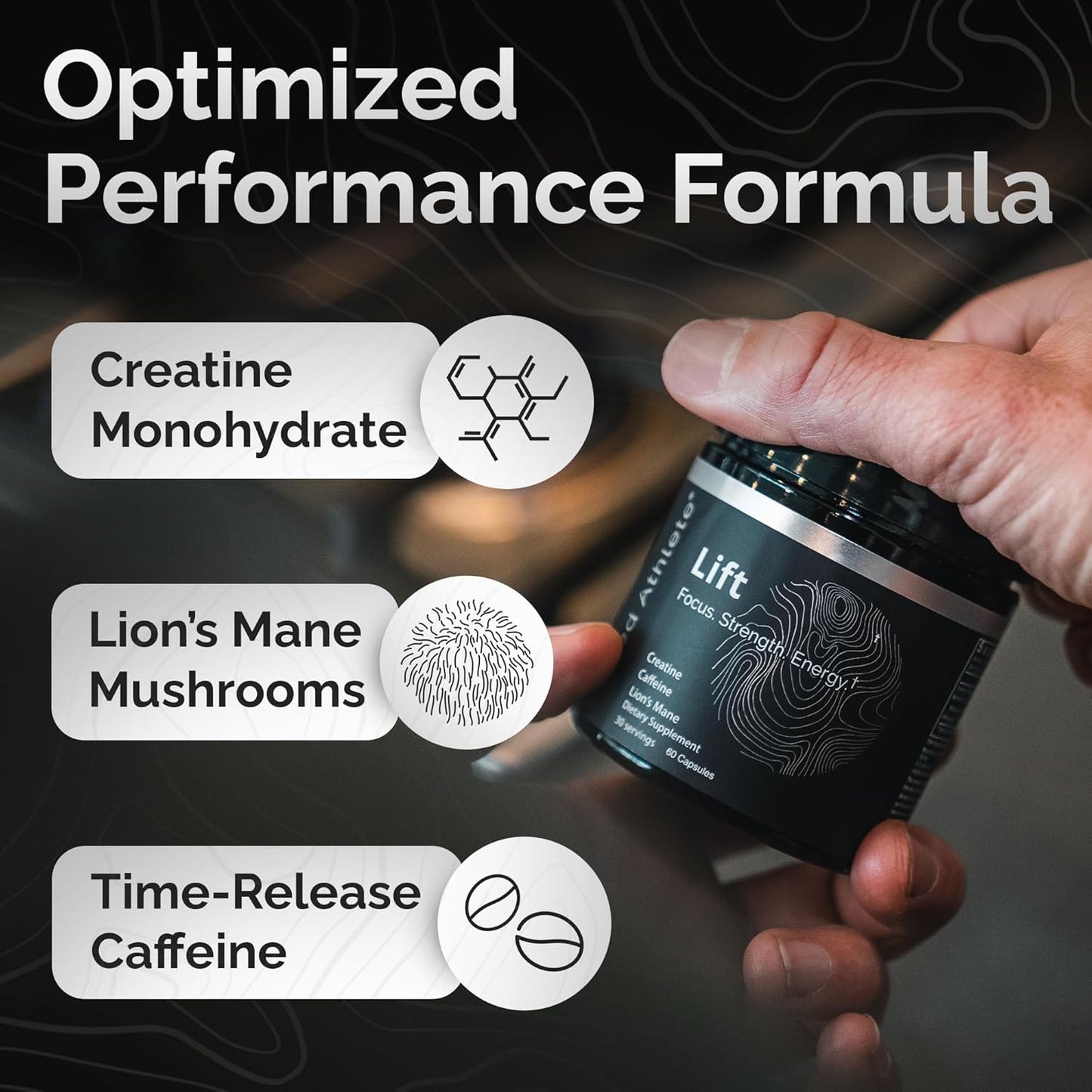 Lift – Daily Energy Supplement, Organic Lions Mane Mushroom for Focus and Sustained Energy + Creatine Monohydrate for Workout Strength and Lean Muscle, 60 Count