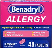 Benadryl Ultratabs Antihistamine Allergy Relief Medicine, 25 mg Diphenhydramine HCl Tablets 48 ct Benadryl
