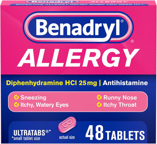 Benadryl Ultratabs Antihistamine Allergy Relief Medicine, 25 mg Diphenhydramine HCl Tablets 48 ct