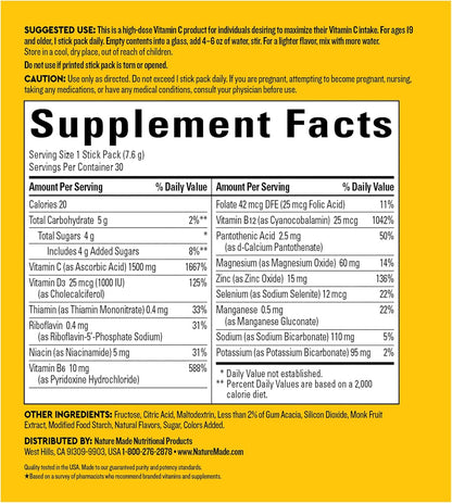 Nature Made Wellblends ImmuneMAX Fizzy Drink Mix, Vitamin C 1500mg, Zinc 15 mg, Vitamin D3 1000 IU (25 mcg), plus B Vitamins and Electrolytes Hydration Blend, 30 Stick Packs