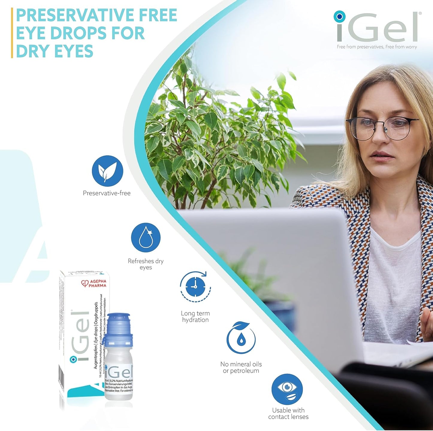 AGEPHA iGel® Moisturizing Eye Drops for Dry Itchy Eyes | Artificial Tears for Red Eyes | Lubricating Eye Drops for Contact Lenses