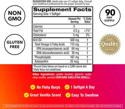 Antarctic Krill Oil 500mg Omega 3 Fatty Acid Supplement, MegaRed Extra Strength EPA & DHA Softgels (90cnt box), Antioxidant Astaxanthin, Heart Health Supplement With No Fish Oil Aftertaste
