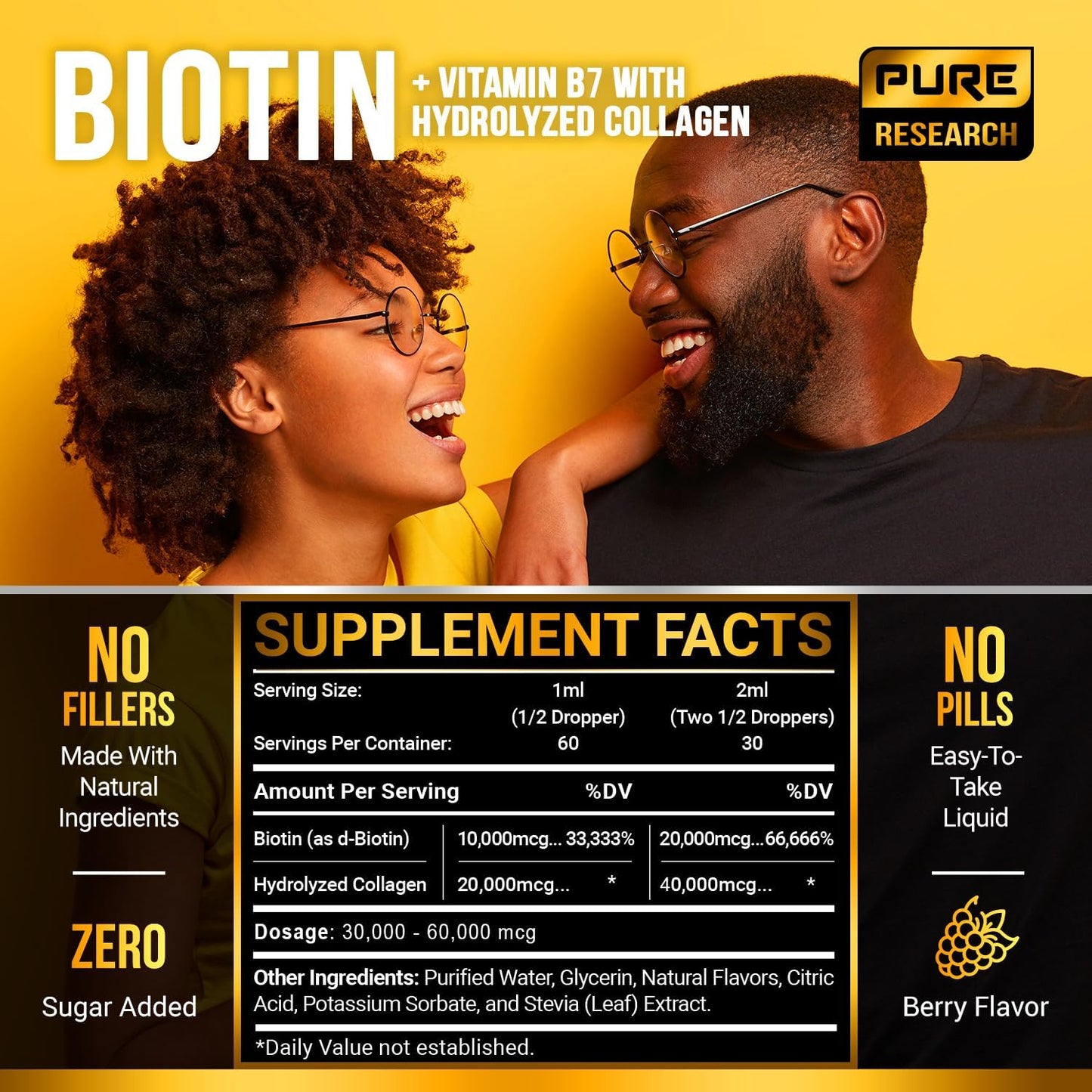 PURE RESEARCH Liquid Biotin & Collagen Hair Growth Drops 50,000 mcg Glowing Skin, Hair & Nail