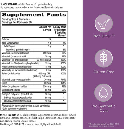 Centrum Prenatal Multivitamin Gummies with DHA and Folic Acid, Mixed Berry and Orange Flavors - 60 Count, 30 Day Supply