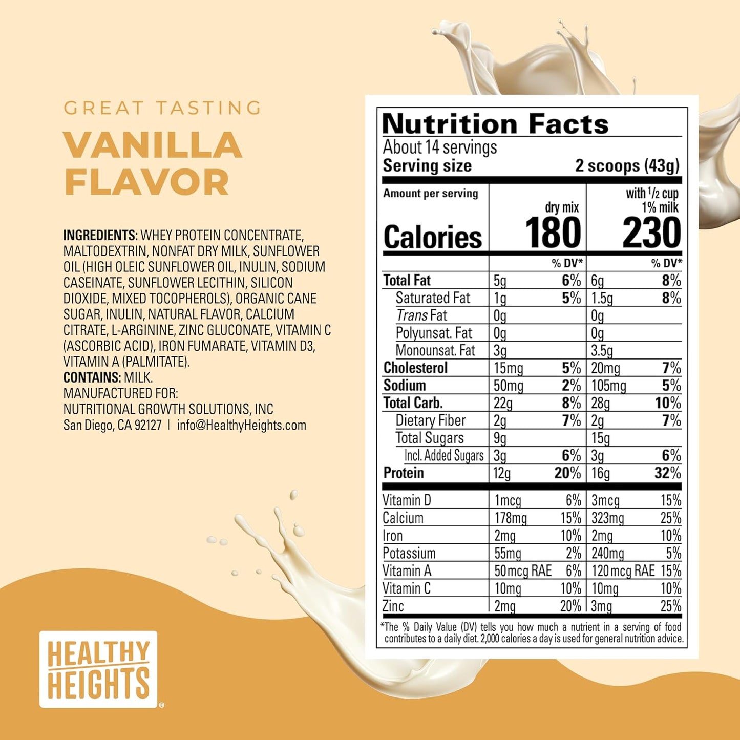 Healthy Height Grow Daily 3 Protein Powder (Vanilla) - Developed by Pediatricians - High in Protein Nutritional Shake - Contains Key Vitamins & Minerals