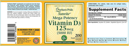 Puritan's Pride Vitamin D3 5000 IU - 200 Soft Gels