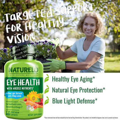 NATURELO Eye Vitamins - AREDS 2 Formula Nutrients with Lutein, Zeaxanthin, Vitamin C, E, Zinc, Plus DHA - Supplement for Dry Eyes, Healthy Vision, Eye...