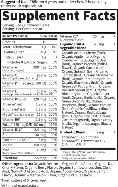 Garden of Life Vegetarian Multivitamin Supplement for Kids, Vitamin Code Kids Chewable Raw Whole Food Vitamin with Probiotics, 60 Chewable Bears