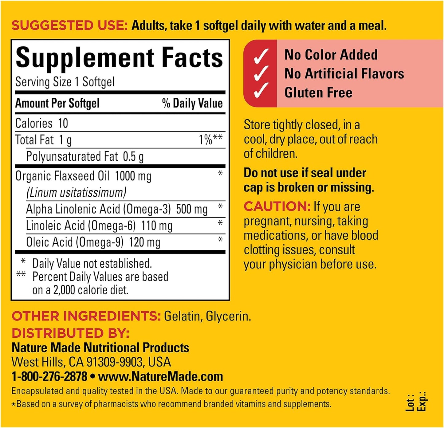 Nature Made Flaxseed Oil 1000 mg, Fish Free Omega 3 Supplement, 100 Softgels