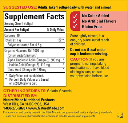 Nature Made Flaxseed Oil 1000 mg, Fish Free Omega 3 Supplement, 100 Softgels