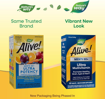 Nature’s Way Alive! Men’s 50+ Ultra Potency Complete Multivitamin, High Potency Formula, Supports Multiple Body Systems, Supports Cellular Energy, Gluten-Free, 60 Tablets