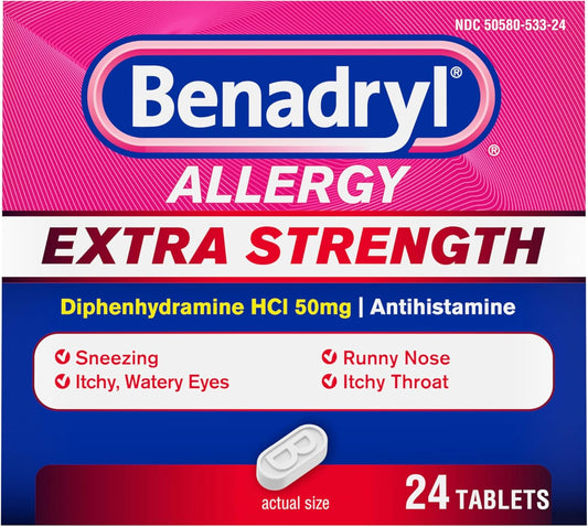 Benadryl Extra Strength Antihistamine Allergy Relief Medicine, 50 mg Diphenhydramine HCl Tablets 24 ct