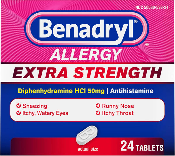 Benadryl Extra Strength Antihistamine Allergy Relief Medicine, 50 mg Diphenhydramine HCl Tablets 24 ct Benadryl